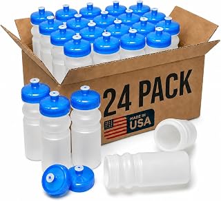 Rolling Sands Reusable Bulk Water Bottles 24 Pack - 20 Oz Sports Water Bottles, USA Made, BPA-Free, Wide Mouth for Easy Cleaning, Dishwasher Safe, Break Resistant - Clear Frost Bottle/Blue Lid