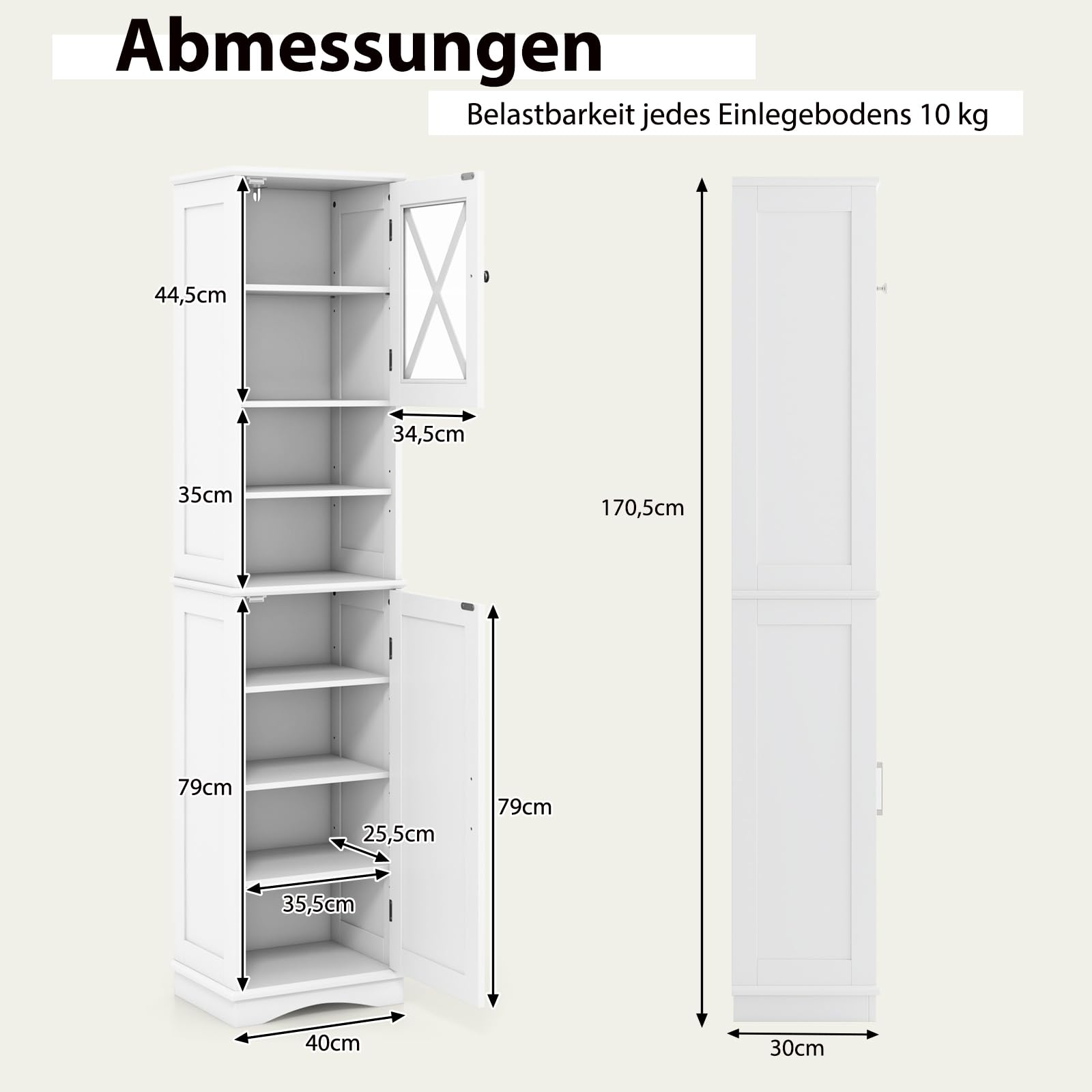 COSTWAY Wąska szafka łazienkowa, wysoka szafka łazienkowa z 5 regulowanymi półkami i 2 drzwiami, drewniana szafka do przechowywania, do łazienki, salonu i kuchni, 40 x 30 x 170,5 cm (biała)