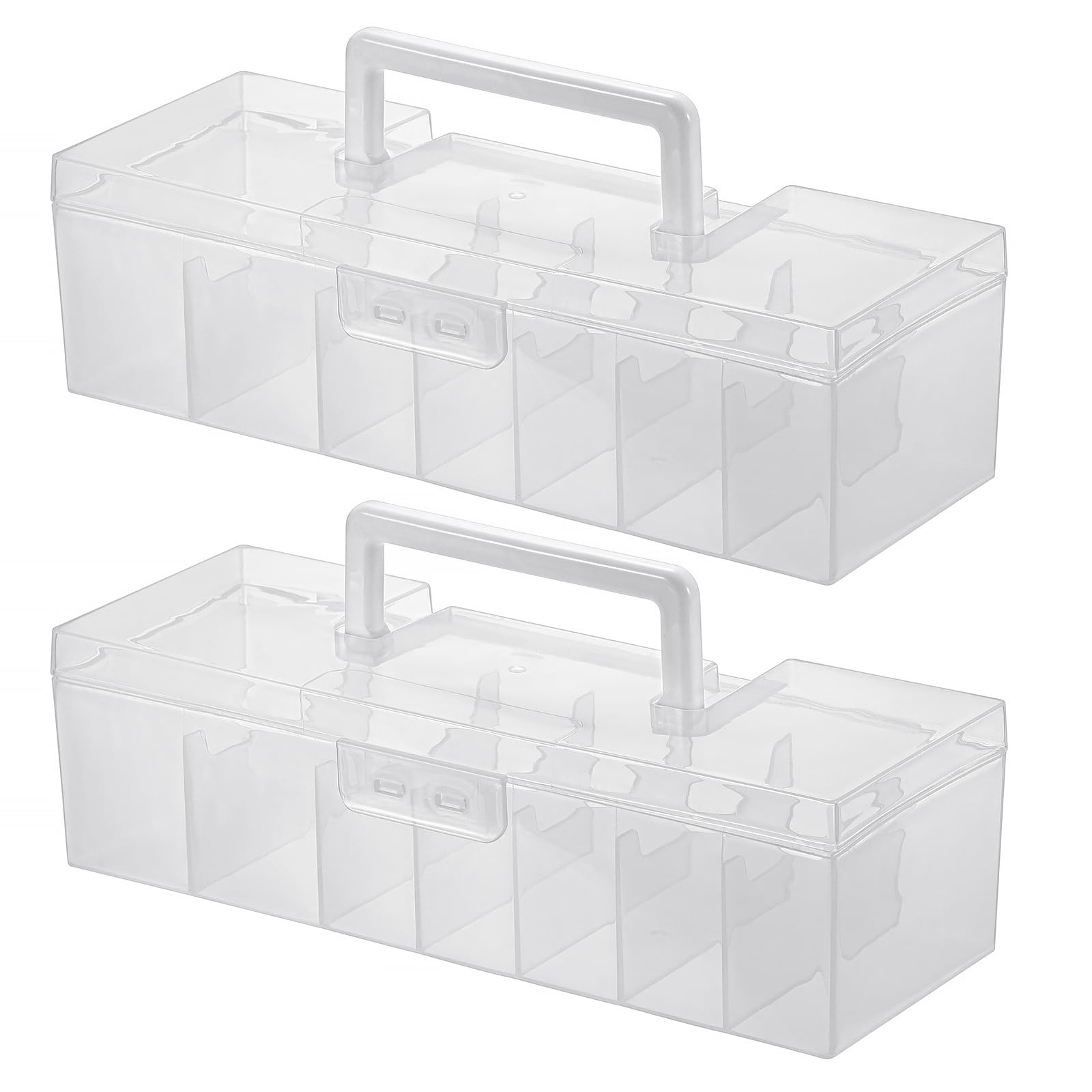 BSTKEY 2 Pack Plastic Trading Card Box with 7 Compartments, Clear Baseball Card Storage Box with Handle Collectible Sport Card Organizer Portable Gaming Card Storage Playing Card Holder