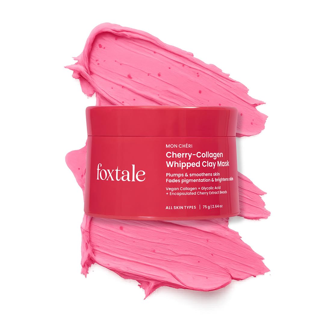 Foxtale Cherry-Collagen Whipped Clay Mask | Vegan Collagen + Glycolic Acid + PHA + Cherry Beads | Hydrates, Plumps & Firms Skin | Detoxifies Pores, Brightens & Smooths Dull, Uneven Skin | 75g