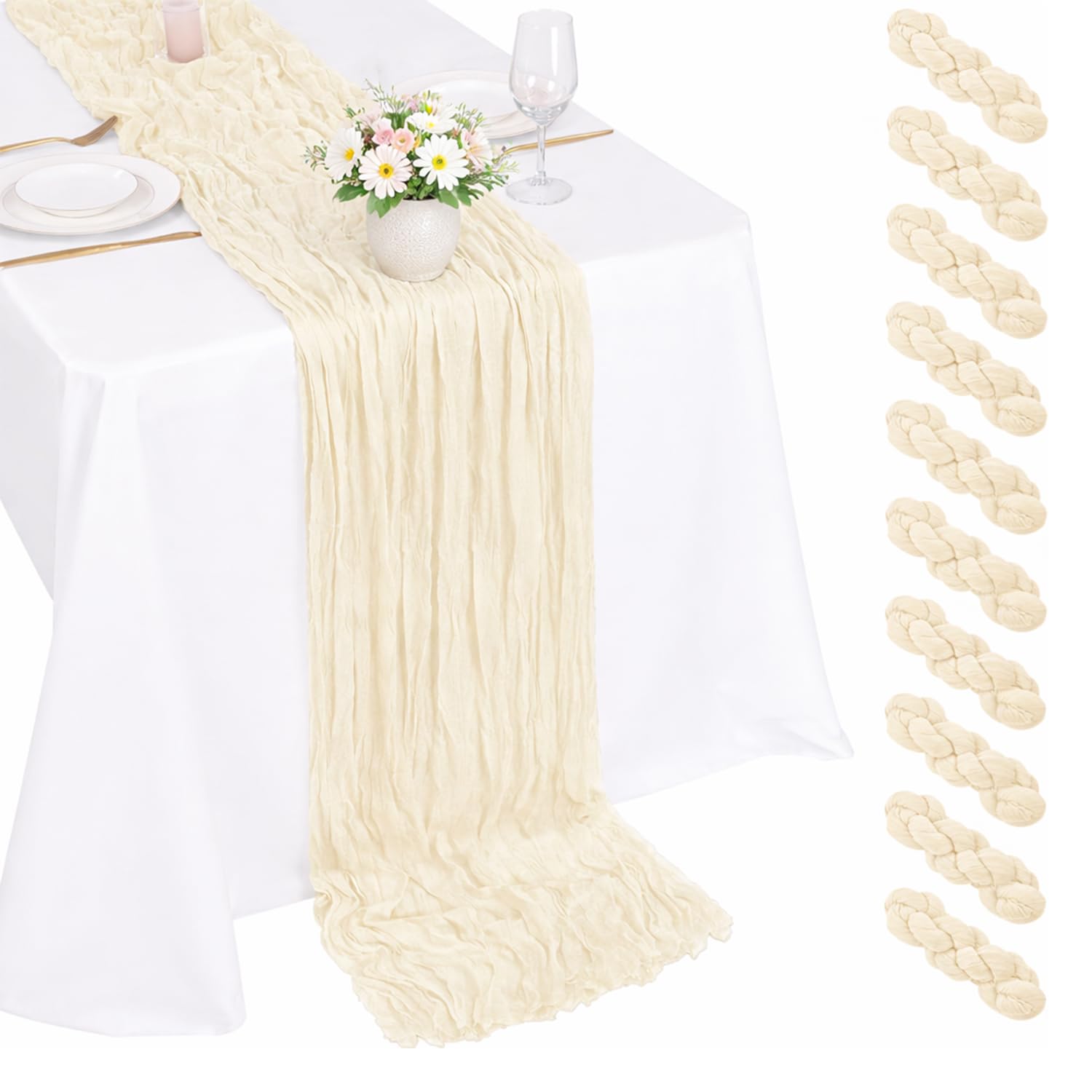 Photo 1 of 10 Pack Beige Cheesecloth Table Runner 22x120 Inch Boho Gauze Table Runner Long Sheer Fabric for Wedding Birthday Party Baby Shower Centerpiece Decoration
