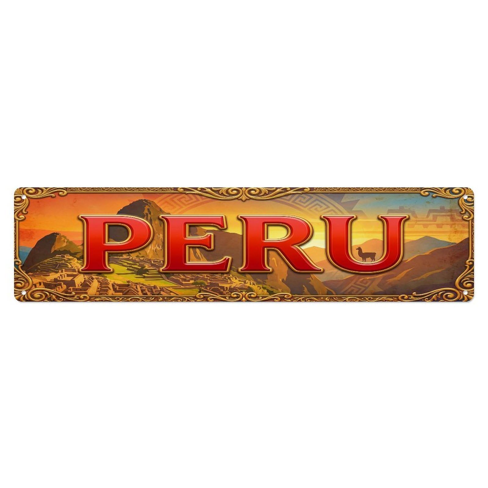 Olhnbad 4X16inch(10X40cm) Vintage Peru Flag Travel Pattern Metal Tin Sign