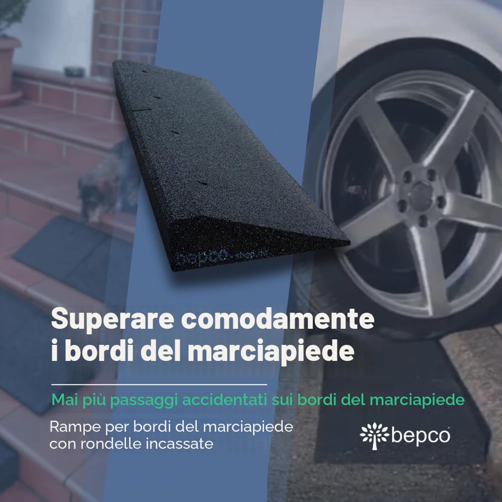 Bepco – Rampa di carico per marciapiede in fibra di gomma, cuneo in gomma con rondelle inserite da avvitare + set di fissaggio (5 x 100 x 25 cm)