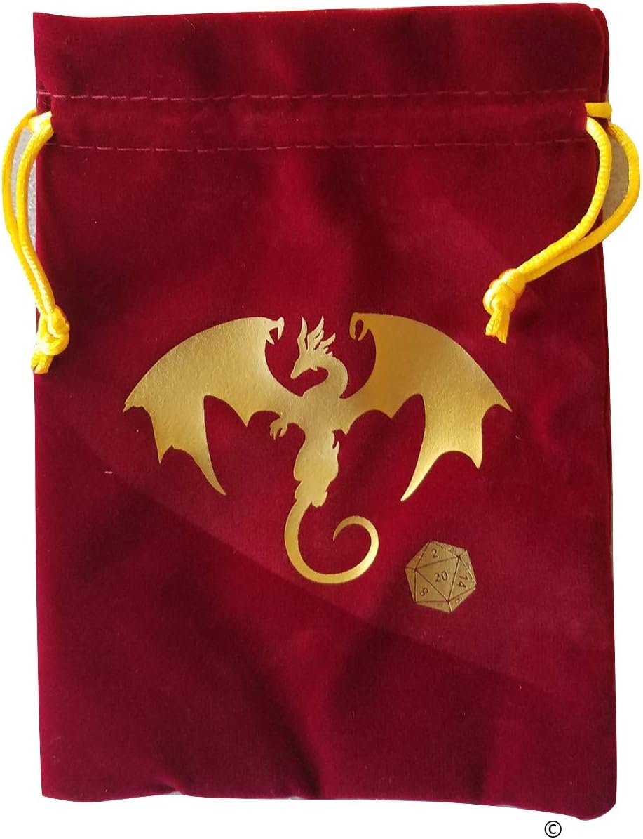 Gaming RED Velvet Drawstring Dice Bag with Gold Satin Interior