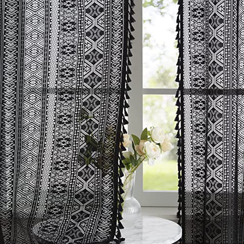 Black Boho Linen Textured Tassel Sheer Lace Curtains, Chic Crochet Geometry Knitting Rod Pocket Window Drapes for Living Room Bedroom, 2 Panels,84" L x 40" W - Image 6