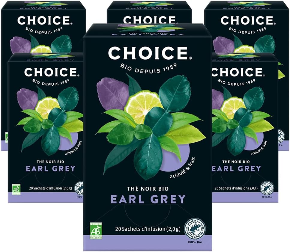 CHOICE – Earl Grey, Thé noir bio à l’huile essentielle de Bergamote, 100% Bio, Acidulé & Frais, récolté à la main, 120 (6×20) Sachets de Thé thermosoudés et sans Agrafe