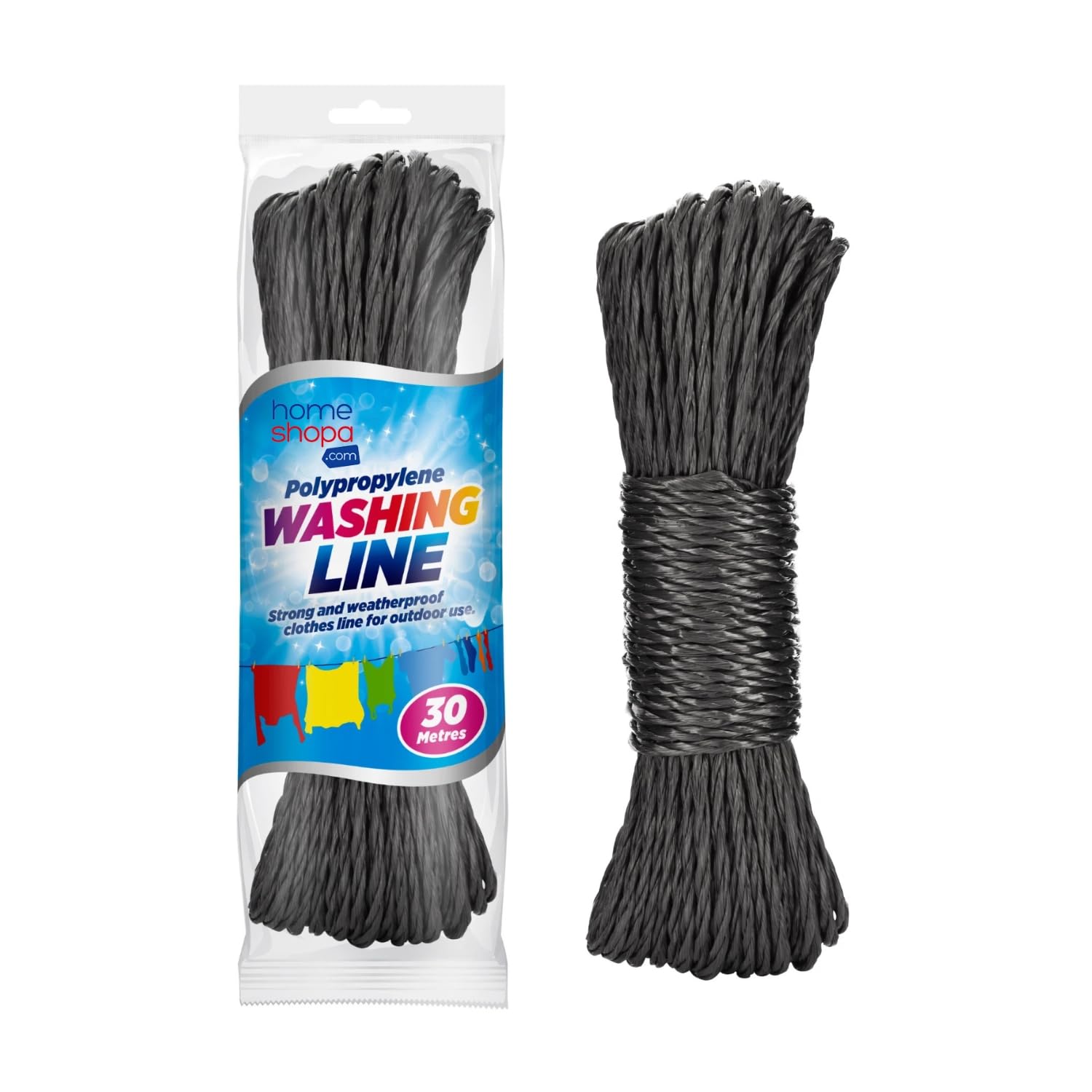 HOMESHOPA Washing Line, Black 30 Metre Heavy Duty Polypropylene Clothsline, Weather Resistant Indoor Outdoor Hanging Drying Rope, Laundry Essential, Camping Travel & Home Use