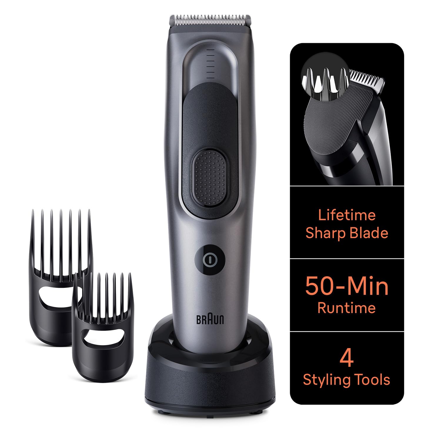 Braun Hair Clipper Series 7, Featuring Lifetime-Sharp Blades, 17 Length Settings, With 4 Styling Tools, 50-min runtime, Gifts for Men, HC7390, Silver