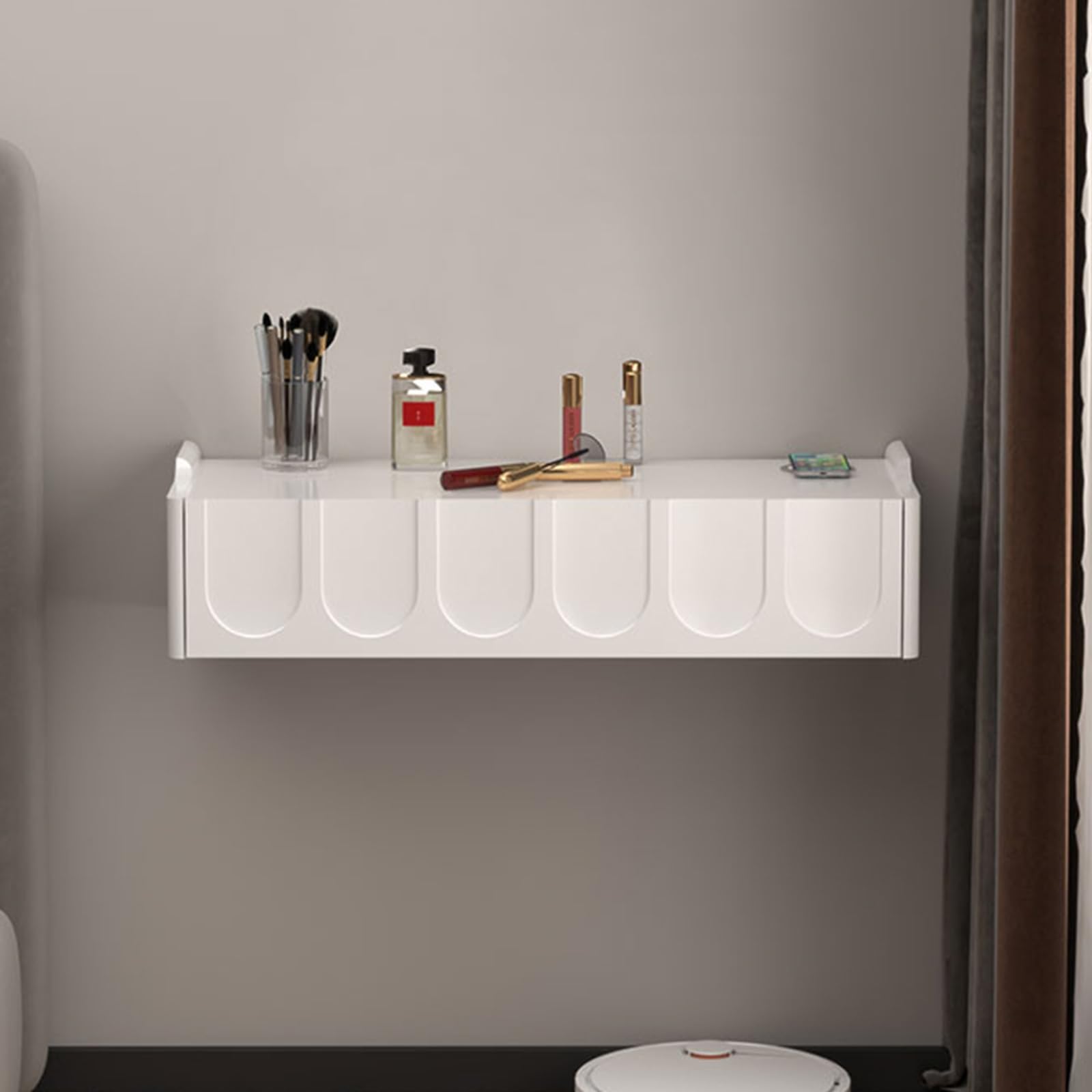 asdchZen Wall-Mounted Floating Vanity Table With Drawer Compact Corner Makeup Desk For Small Spaces Elegant White Finish -Perfect For Home Decor And Storage