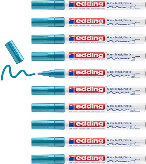 edding 751 gloss paint marker - light blue - 10 paint markers - round tip 1-2 mm - paint pen for glass, pebbles, wood, plastic, paper - waterproof, high coverage