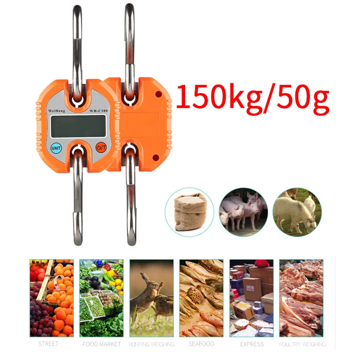 Cyfrowa waga wisząca 150 kg/50 g Przenośna ręczna mini waga dźwigowa z haczykami Wyświetlacz LED Elektroniczna waga do hodowli zwierząt gospodarskich Owoce i warzywa (kolor: pomarańczowy) (pomarańcz