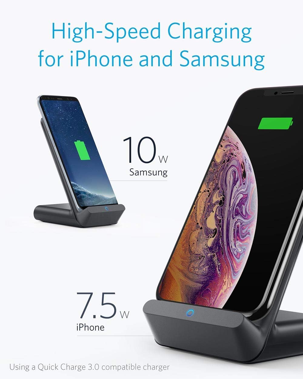 Best Deal 🛒 Anker Wireless Charger, PowerWave 7.5 Stand with Internal Cooling Fan, 7.5W for iPhone 11, 11 Pro, 11 Pro Max, Xs Max, XR, XS, X, 8, 8 Plus, 10W for Galaxy S10 S9, Note 10 (with Quick Charge Adapter)