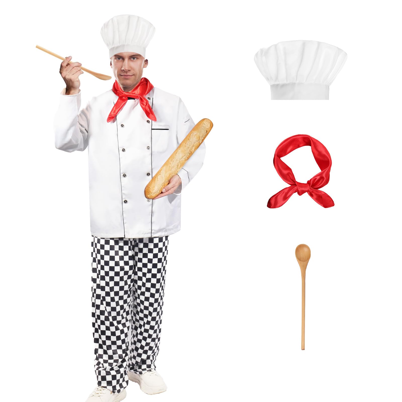 Buyzzus Halloween Chef Costume Set 5 PCS Adult with Chef Jacket Hat Spoon Scarf Pants Chef Fancy Dress Costume for Halloween Carnival Parties Celebrations