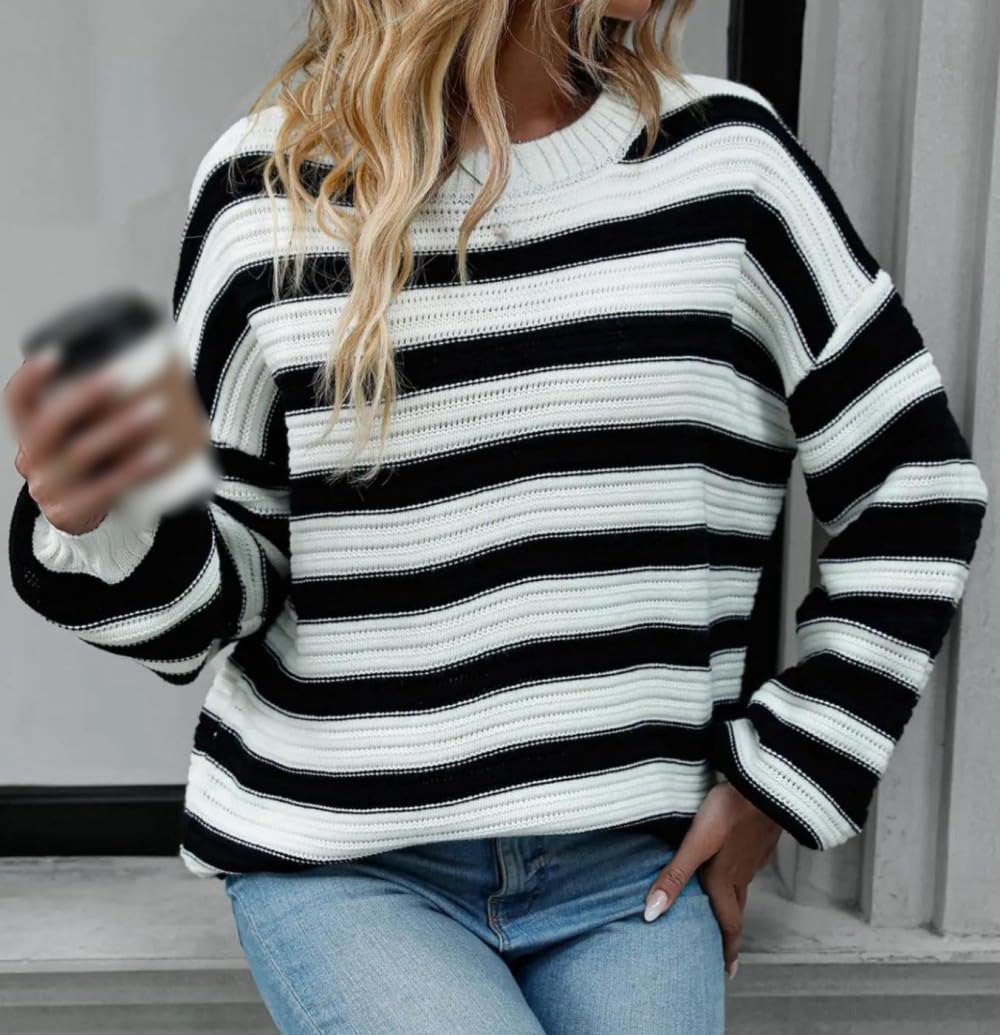 Damen Rundhalspullover Winter Langarm Gestreifter Strickpullover Eleganter Wollpullover Strickpullover Rundhals Langarm Pullover Pullover Warme Tops Winter,Weiß,M