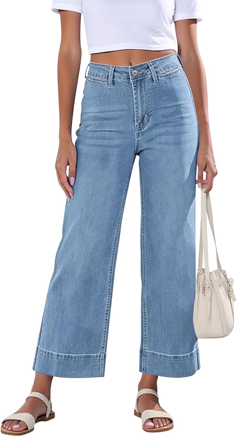Wide Leg Jeans for Women Trendy High Waisted Stretchy Denim Pants 90s Baggy Jeans Trouser Cropped Jeans with Pockets