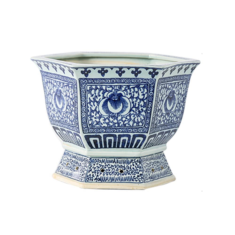 WLBHWL Blue And White Hexagon Porcelain Flowerpot Chinoiserie Jingdezhen Home Garden Planter Hand Drawn Orchid Pattern Plant Pot With Drainage Hole For Indoor Outdoor Gardening Plants