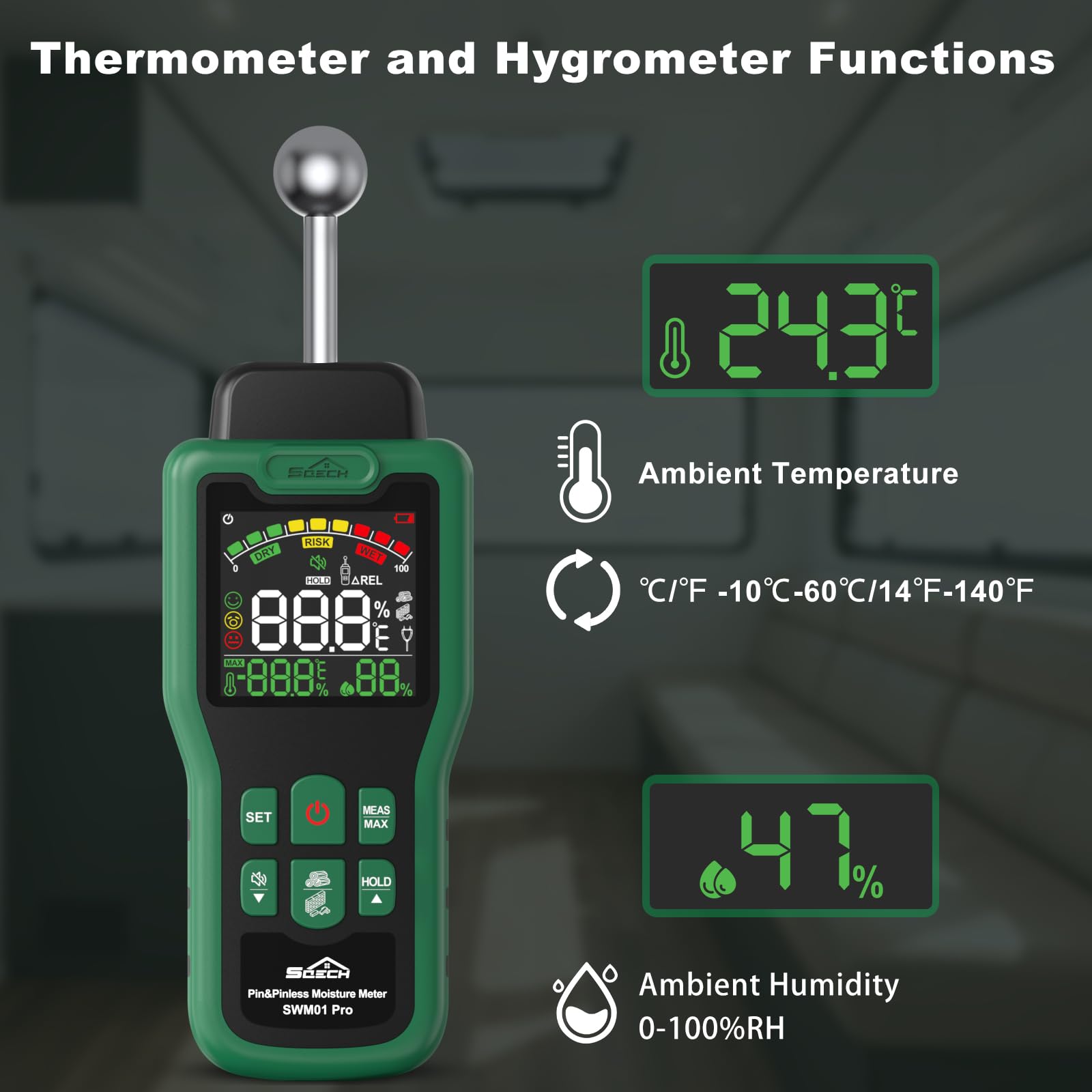 Feuchtigkeitsmessgerät, SQECH Feuchtigkeitsmesser mit Thermometer, Alarm, Multifunktionaler Feuchtemessgerät mit Farb-LCD, Nadel-Sensor für Wand, Holz, Mauerwerk,Wohnwagen, Wohnung