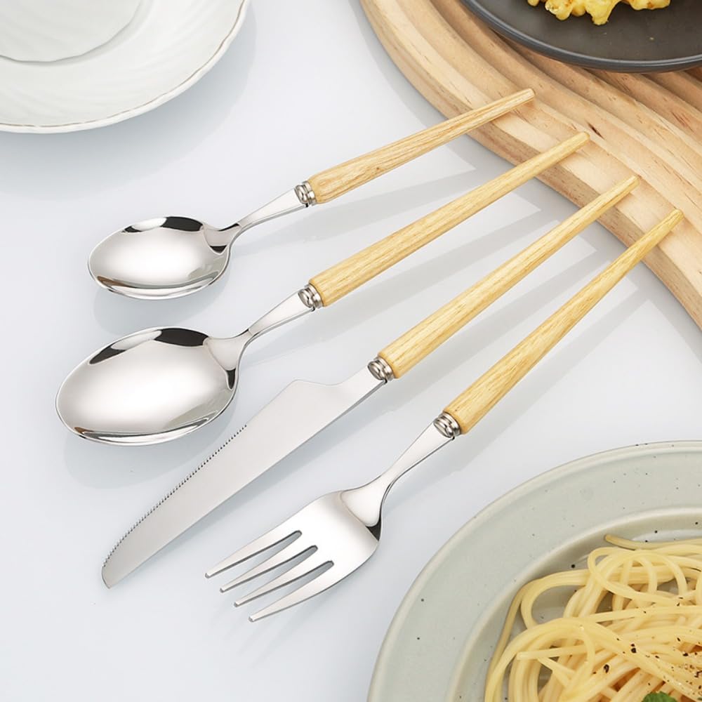 Couverts de Cuisine en Bois de frêne Massif, Couverts en Acier Inoxydable, Couteaux et fourchettes en Acier, Couverts pour la Maison, Les fêtes et Les Restaurants (Manche en Gourde