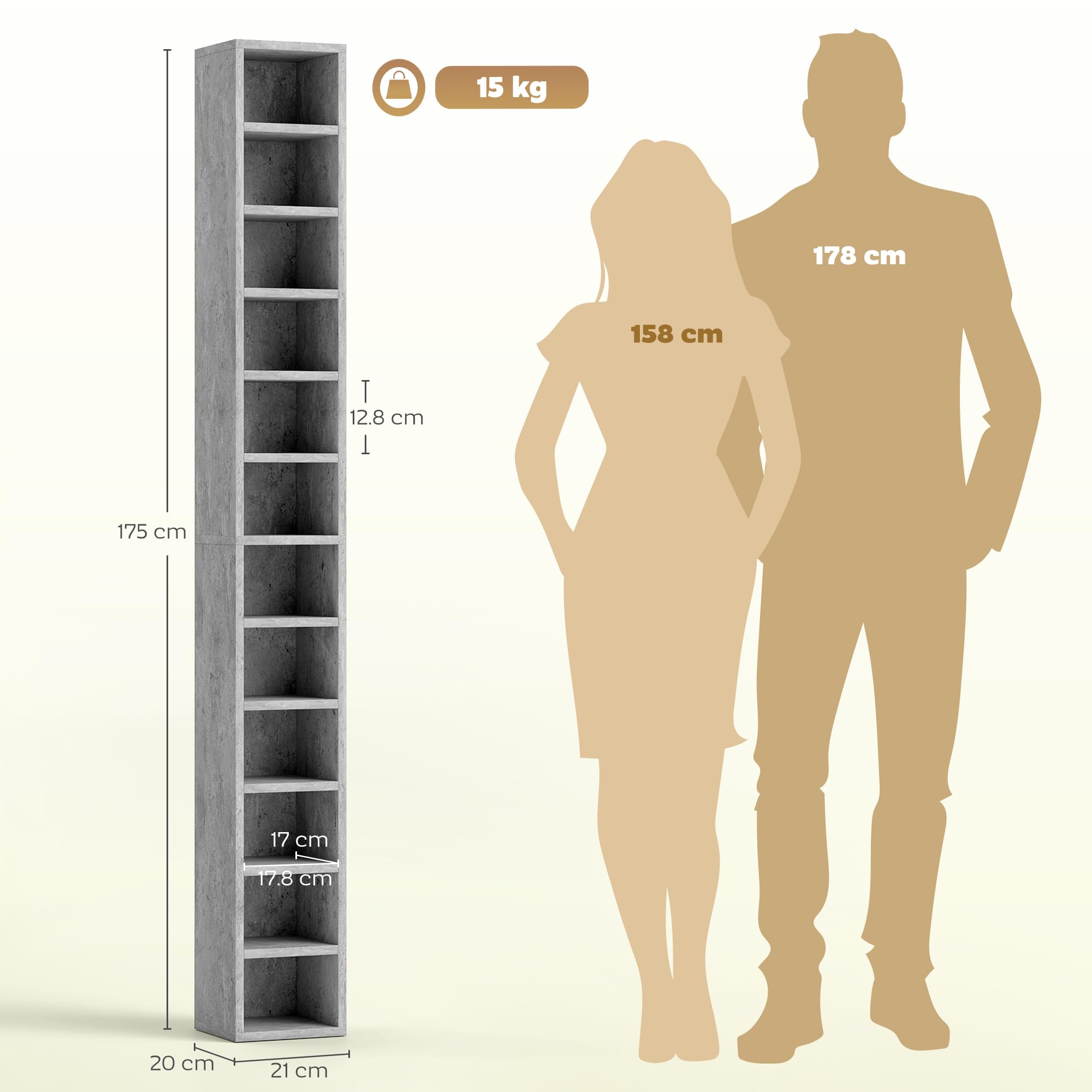 HOMCOM CD-Möbel mit 12 Ebenen, Regal für 204 CDs, platzsparend, für Wohnzimmer, Schlafzimmer, Büro, 21 x 20 x 175 cm, Zementgrau
