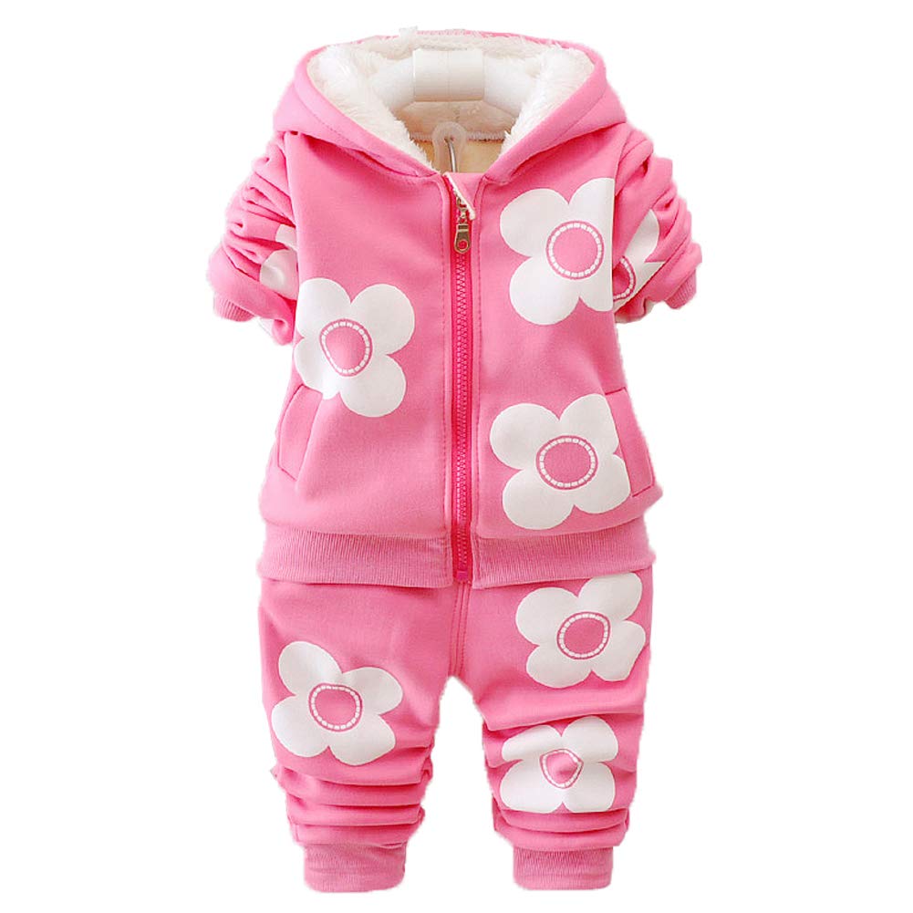 Yao Spring and Autumn Winter Fleece Flowers Warm Girls 2 Piece Set(9-12M,Hot Pink)