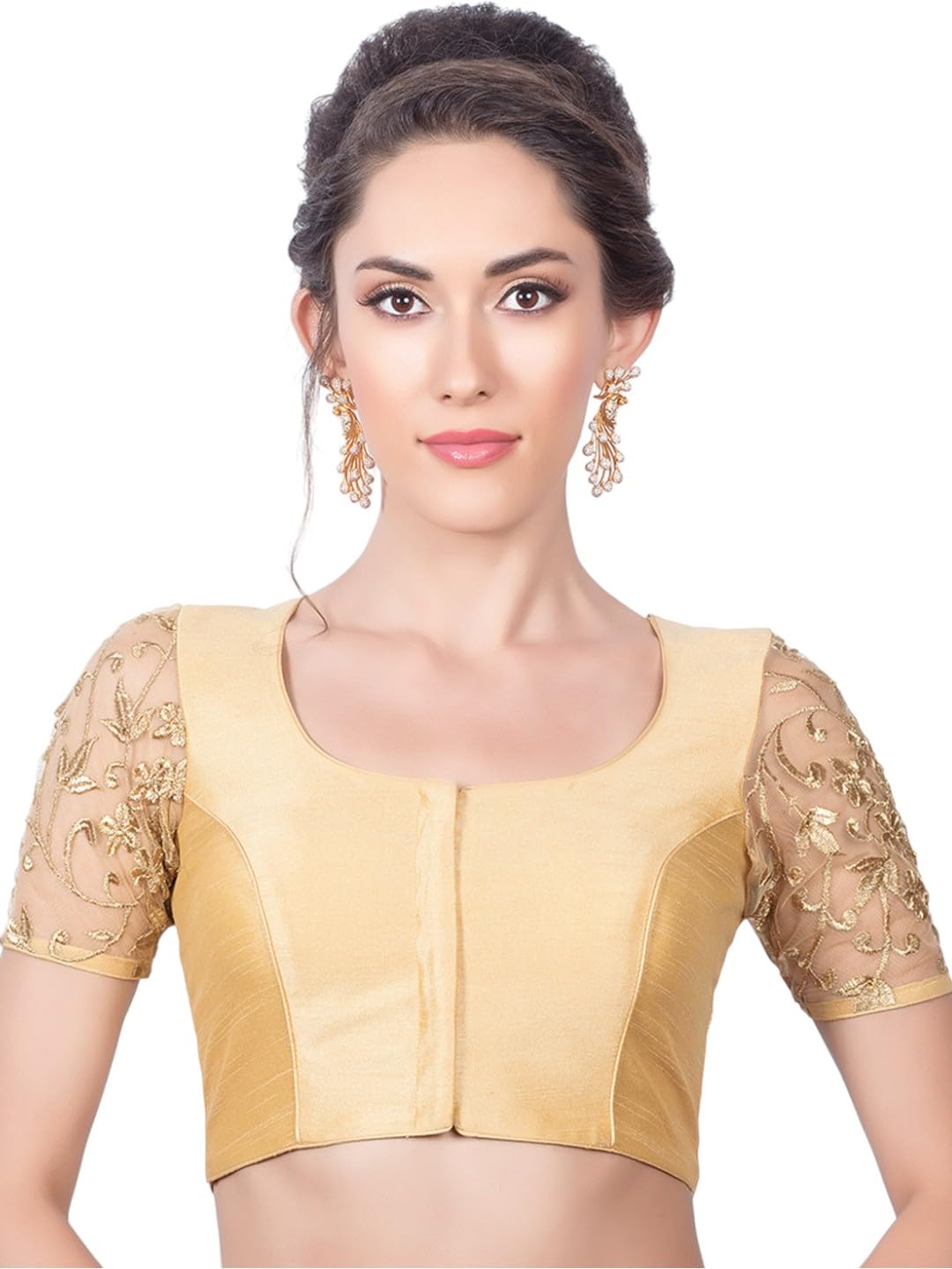 neckbook Women's Gold Art Silk Floral Embroidered Net Round Half Sleeves Plus Size Readymade Saree Blouse-picture-24