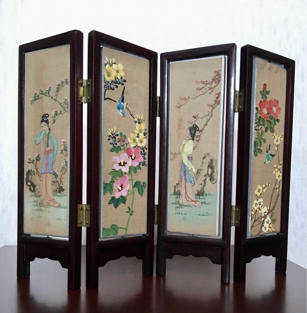 ★中国美術工芸品　回転式　ミニ屏風　両面飾り　花画　　美人画 Amazon.co.jp: 中国美術工芸品 回転式 ミニ屏風 両面飾り 花画
