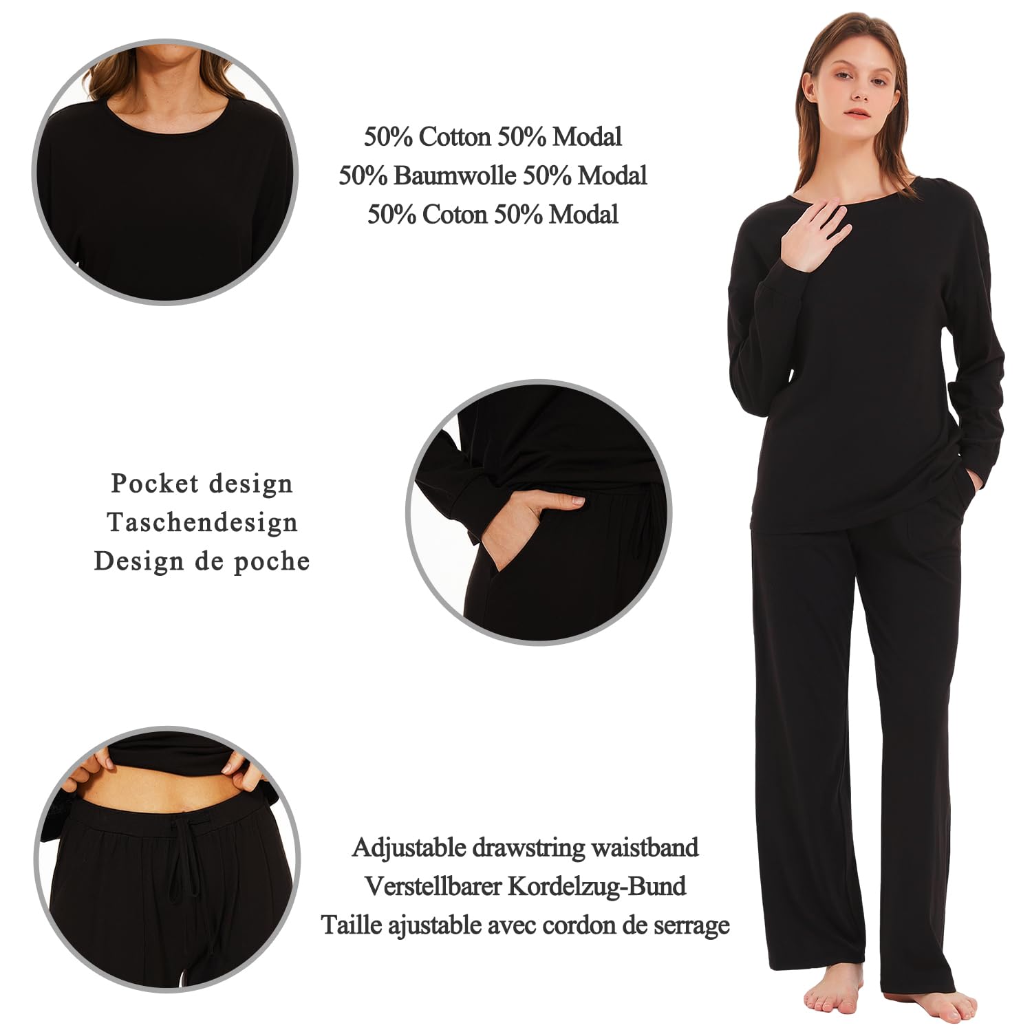 Conjunto de pijama de punto suave para mujer, ropa de dormir acogedora de algodón y modal Tejido transpirable