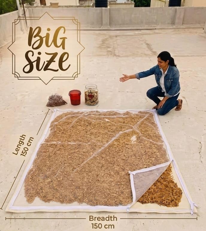 Image of 150x150 cm Unbleached Cotton Drying Cloth with Mesh Net & Zipper | Breathable Food Drying Cover for Papad, Vadagam, Spices, Grains, Millets & Herbs | Reusable Washable