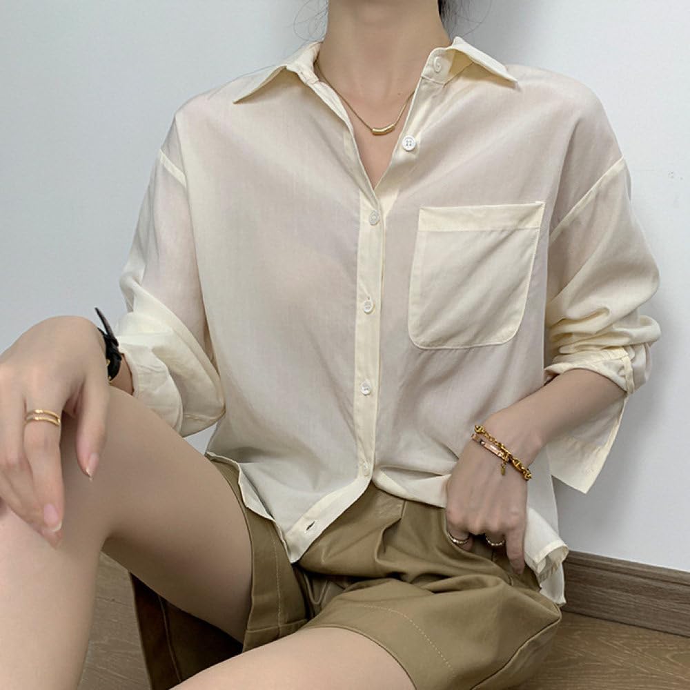 Durchsichtige Tencel Bluse Für Damen Mit Knöpfen,Beige,Einfarbig,Klassisches Revers Cardigan Hemd,Jacken Mit Tasche,Lässige T Shirt Oberteile Für Das Büro