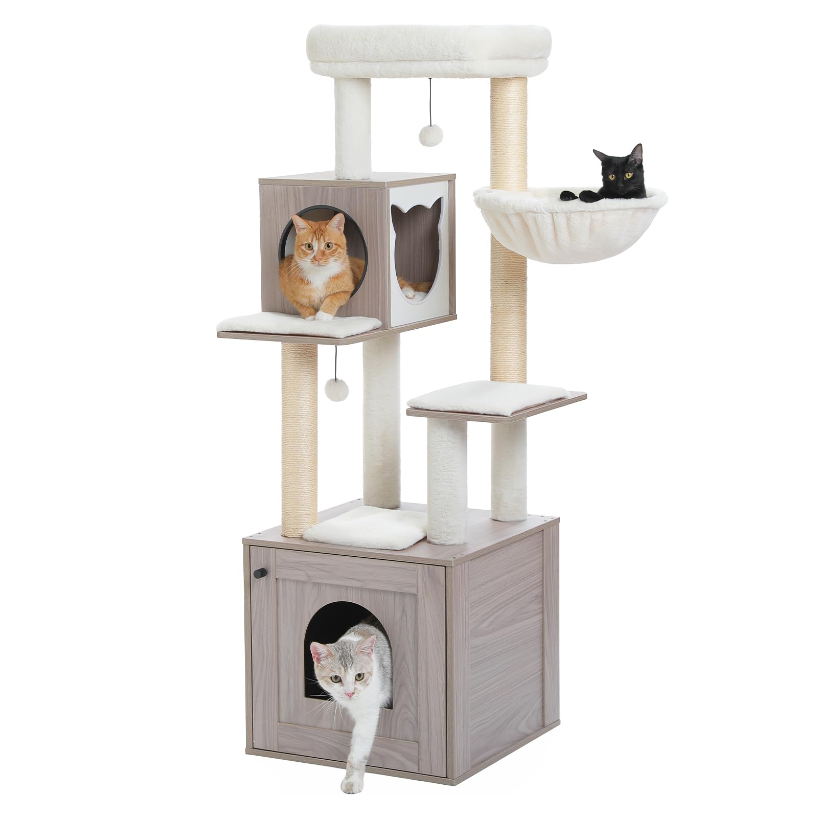 PEQULTI 57.5" Cat Tree with Litter Box Enclosure Large, Wood Cat Tower for Indoor Cats with Storage Cabinet and Cozy Cat Condo, Sisal Covered
