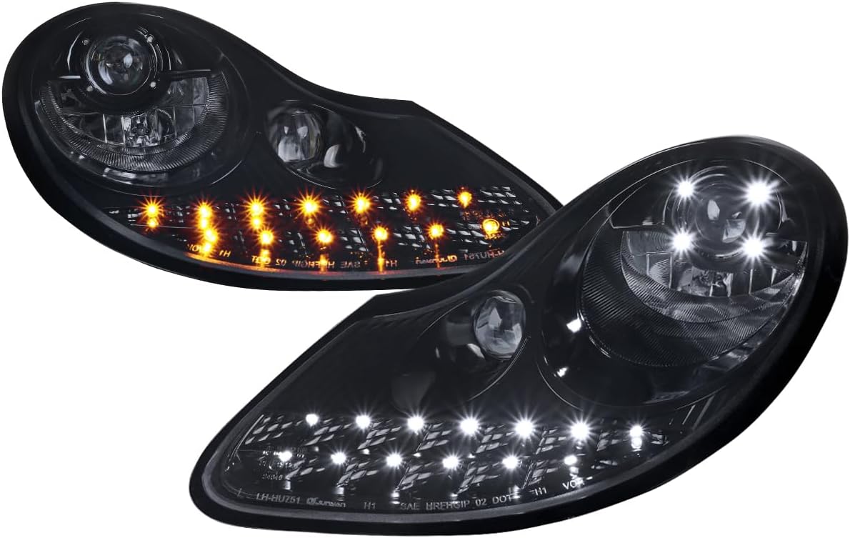 SPEC-D TUNING Smoke LED Projector Headlights w/Build-in Fog Lamps Compatible with 1997-2004 Porsche Boxster 986, 1997-2001 Porsche 911 996, Left + Right Pair Headlamps Assembly