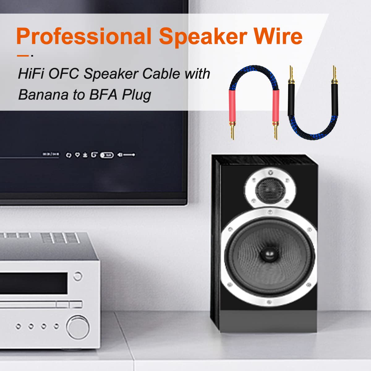 UCINNOVATE 11 AWG HiFi BFA Z Plugs Banana Speaker Cables, Confezione da 4 cavi per altoparlanti audiofili OFC placcati in oro con spina a banana BFA per sistema audio HiFi, spine a banana BFA con fili