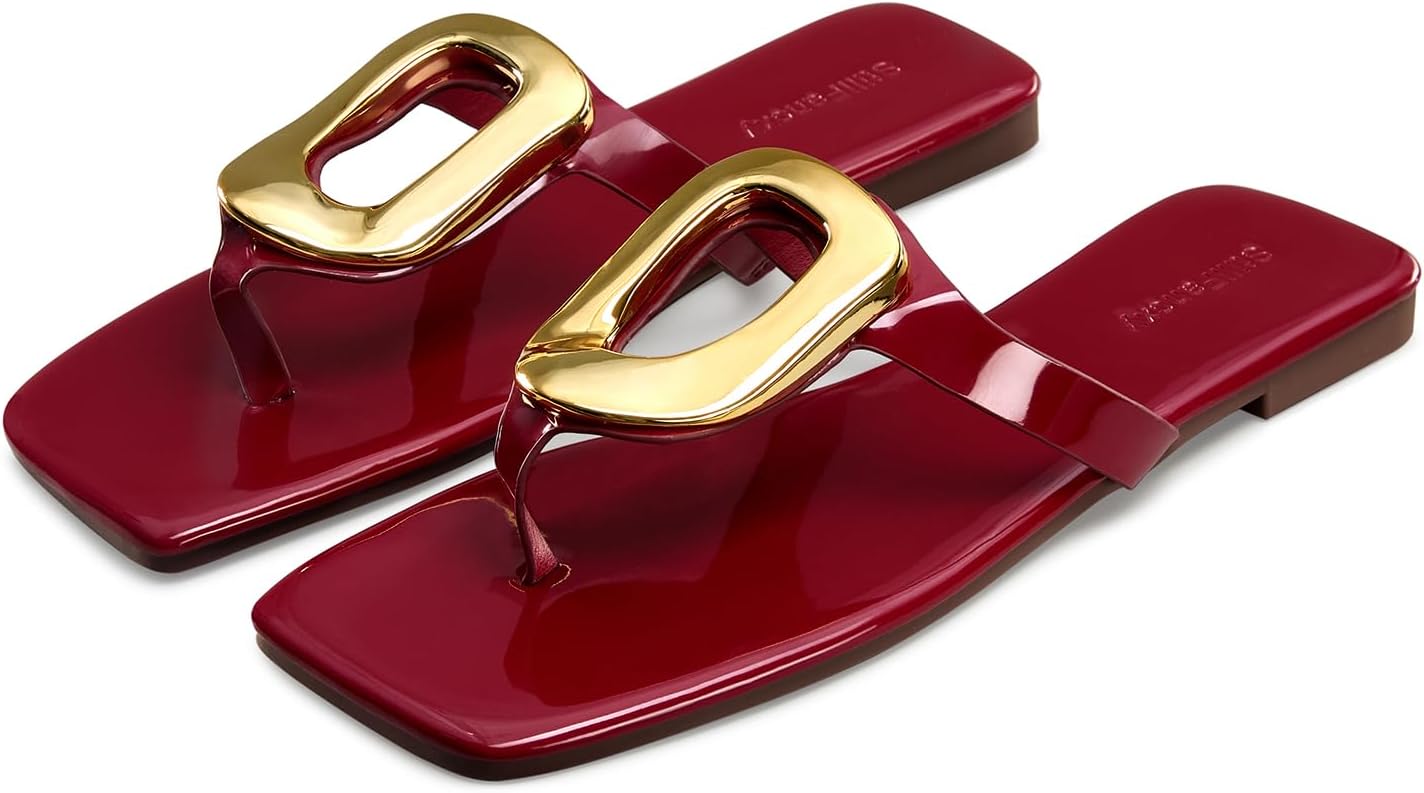 Gold Buckle Flat Sandals for Women Square Toe Dressy Flip Flops Trendy Thong Sandals Slide Sandals