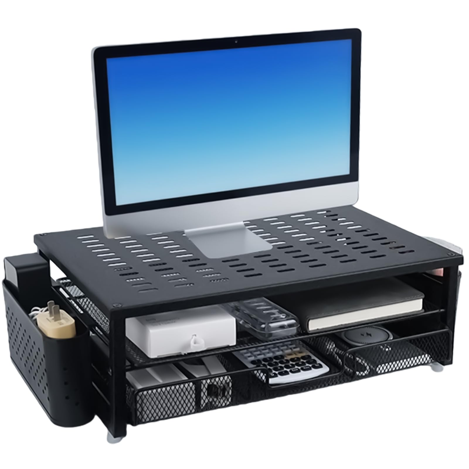 Soporte para monitor, organizador de escritorio con cajón y 2 soportes para bolígrafos, elevador de monitor, 48,5 x 25 x 15 cm, altura de pantalla con guía de cable para portátil, ordenador