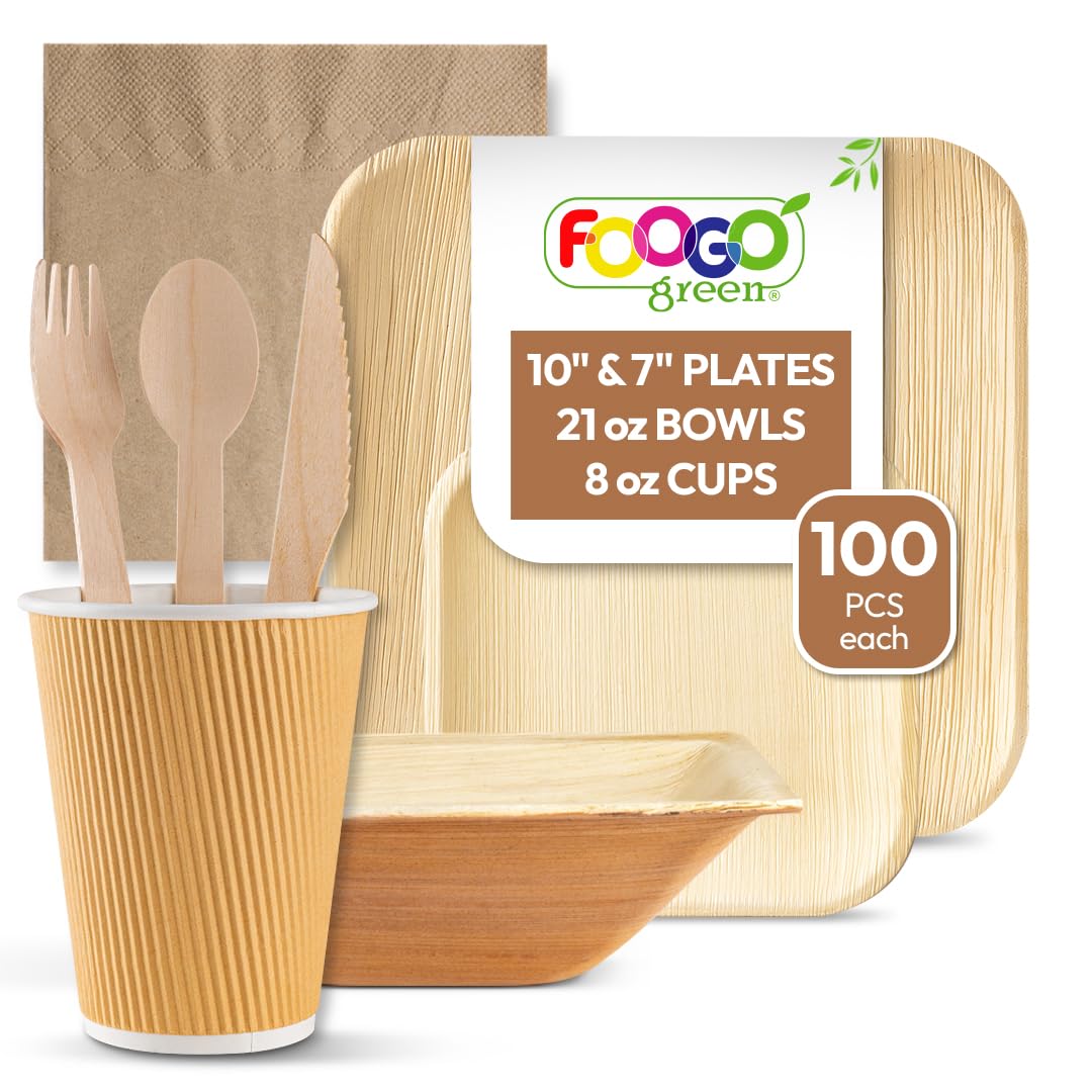 FOOGO Green Palm Leaf Partyware - Disposable 800pcs Set (Plates, Bowls, Cups, Napkins & Wooden Cutlery), FSC® Certified