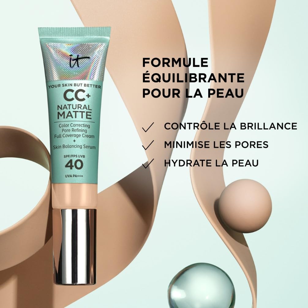 IT COSMETICS, CC+ Crème Natural Matte SPF 40, Haute Couvance et Contrôle de Brillance, Peaux Mixtes à Grasses, Avec Sérum Équilibrant à l'Acide Hyaluronique, Your Skin But Better, 32 ml