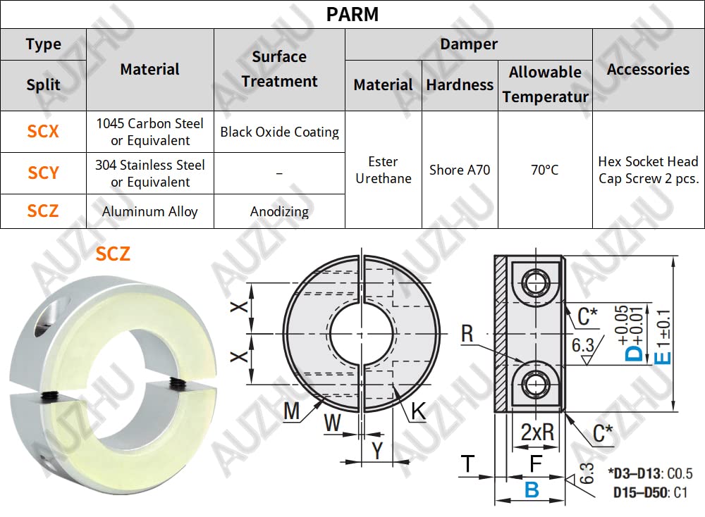 SCZ - Metrisch- Geteilte Stellringe, Aluminium, mit Dämpfungsscheibe Klemmringe Begrenzungsring Lokalisierungsring Positionierungsring Schnellspann-Fester Kragen Größe: ID 50 mm - OD 85 mm