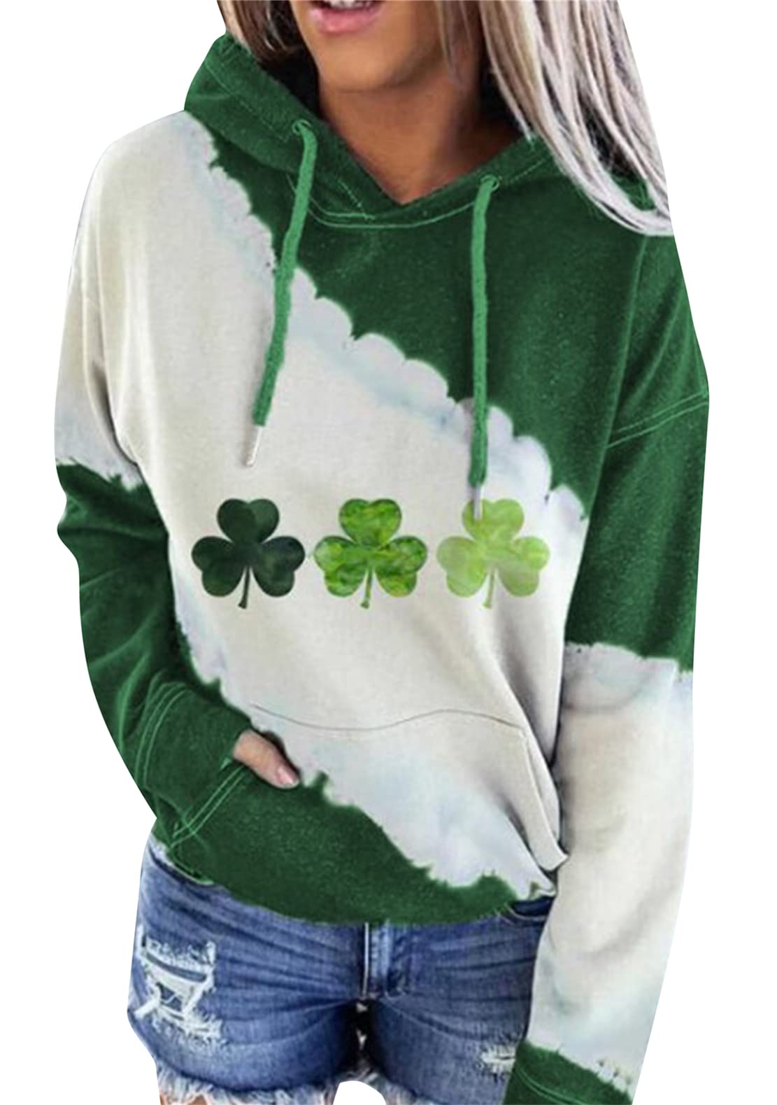 YMING Womens St. Patrick's Day Clover Print Hoodie Casual Long Sleeve Sweatshirt Irish Shamrock Pullover Tops