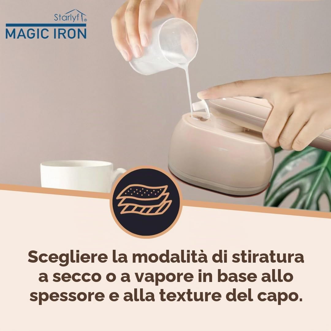 STARLYF Magic Iron Vaporizzatore per biancheria da mano, riscaldamento rapido, 20 secondi, serbatoio 100 ml, doppia funzione a secco e umido, manico girevole a 90°, piastra triangolare, design