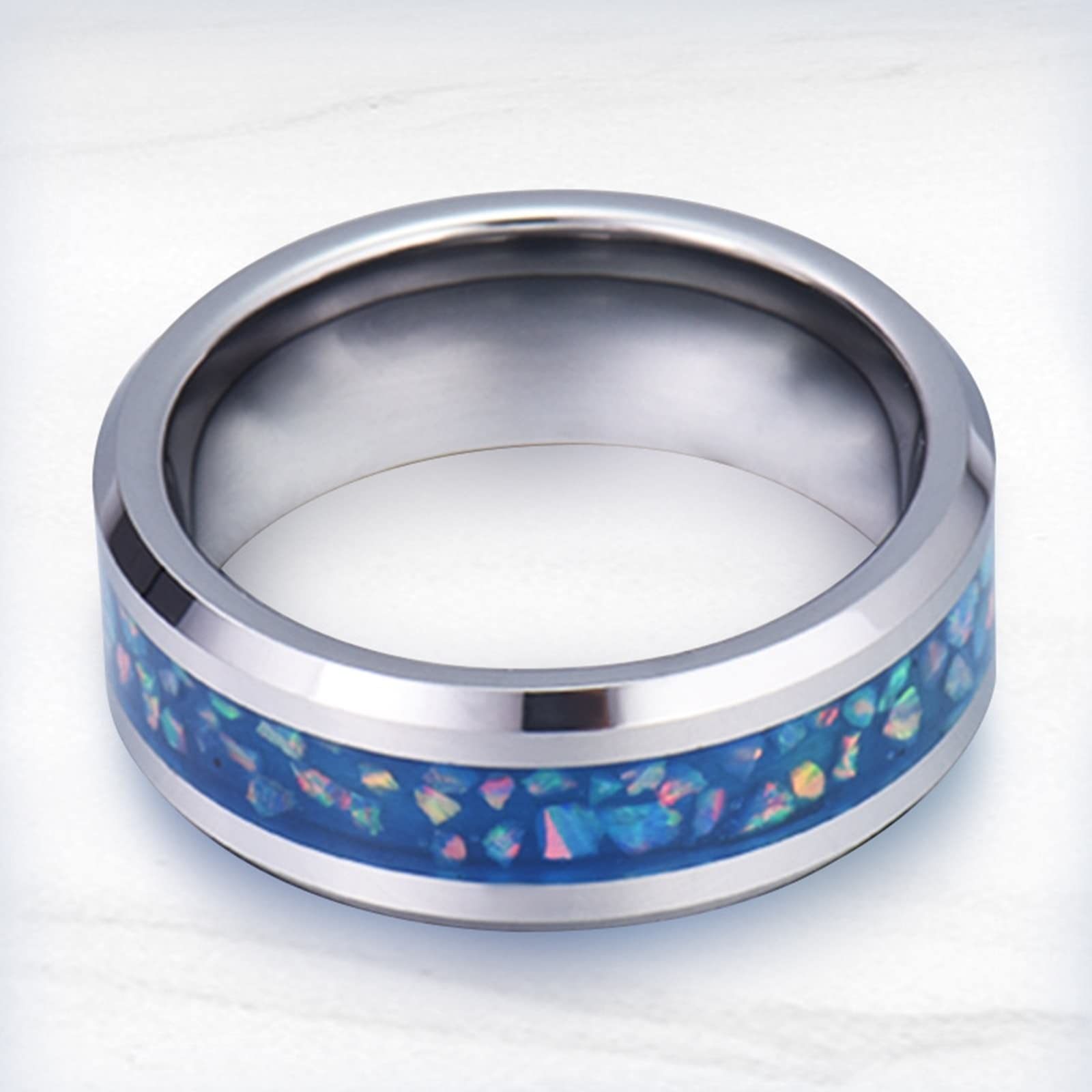 Halskette für Paare, Silberkette Damen Hochzeit Wolframkarbid 8 mm Silberring Inlay Blauer Opal Hochzeitsgeschenk Ring Halskette