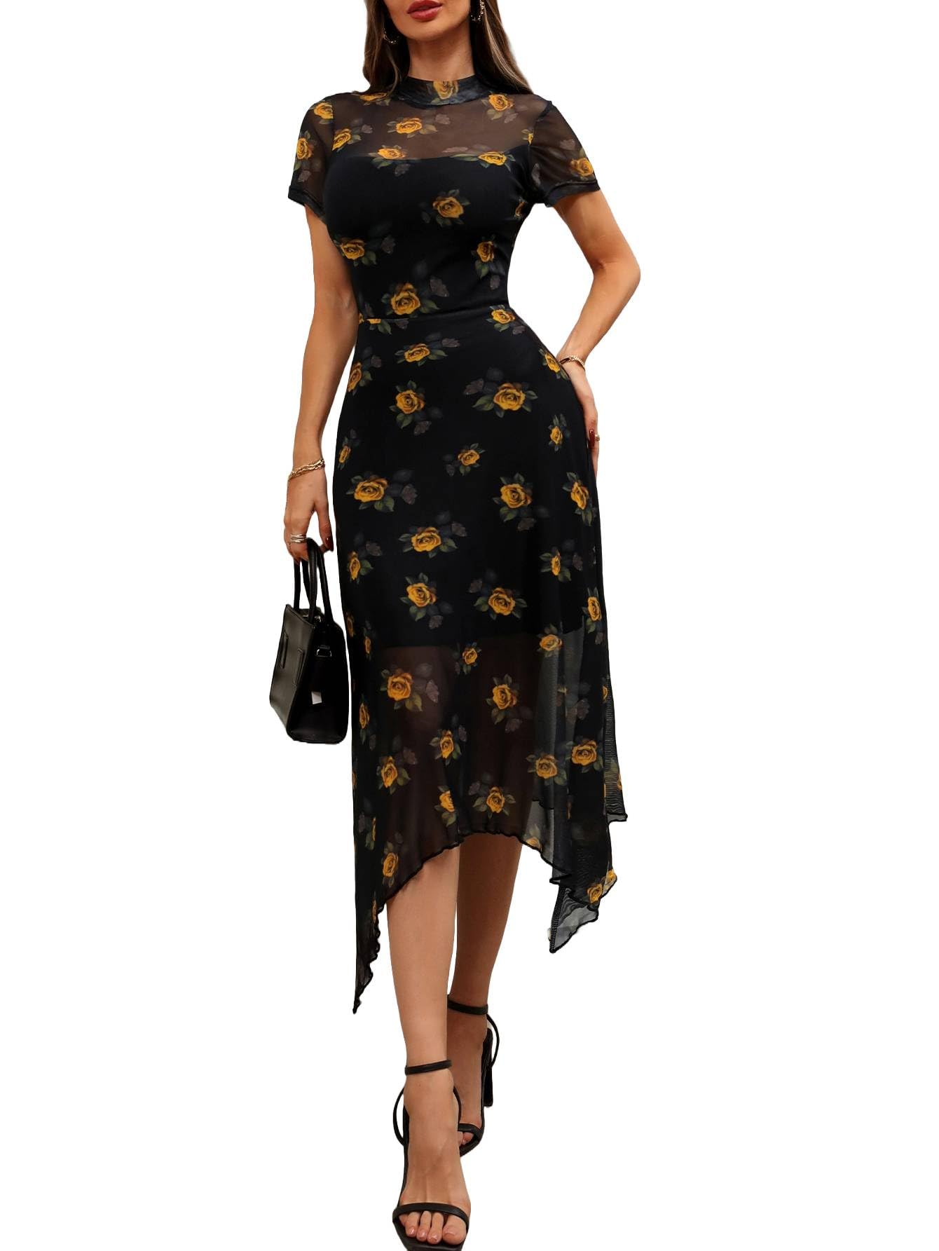 GothDark Women's 2025 Summer Floral Print Vintage Goth Dress Mesh Spliced Double-Layered Irregular Hemline Midi Dress