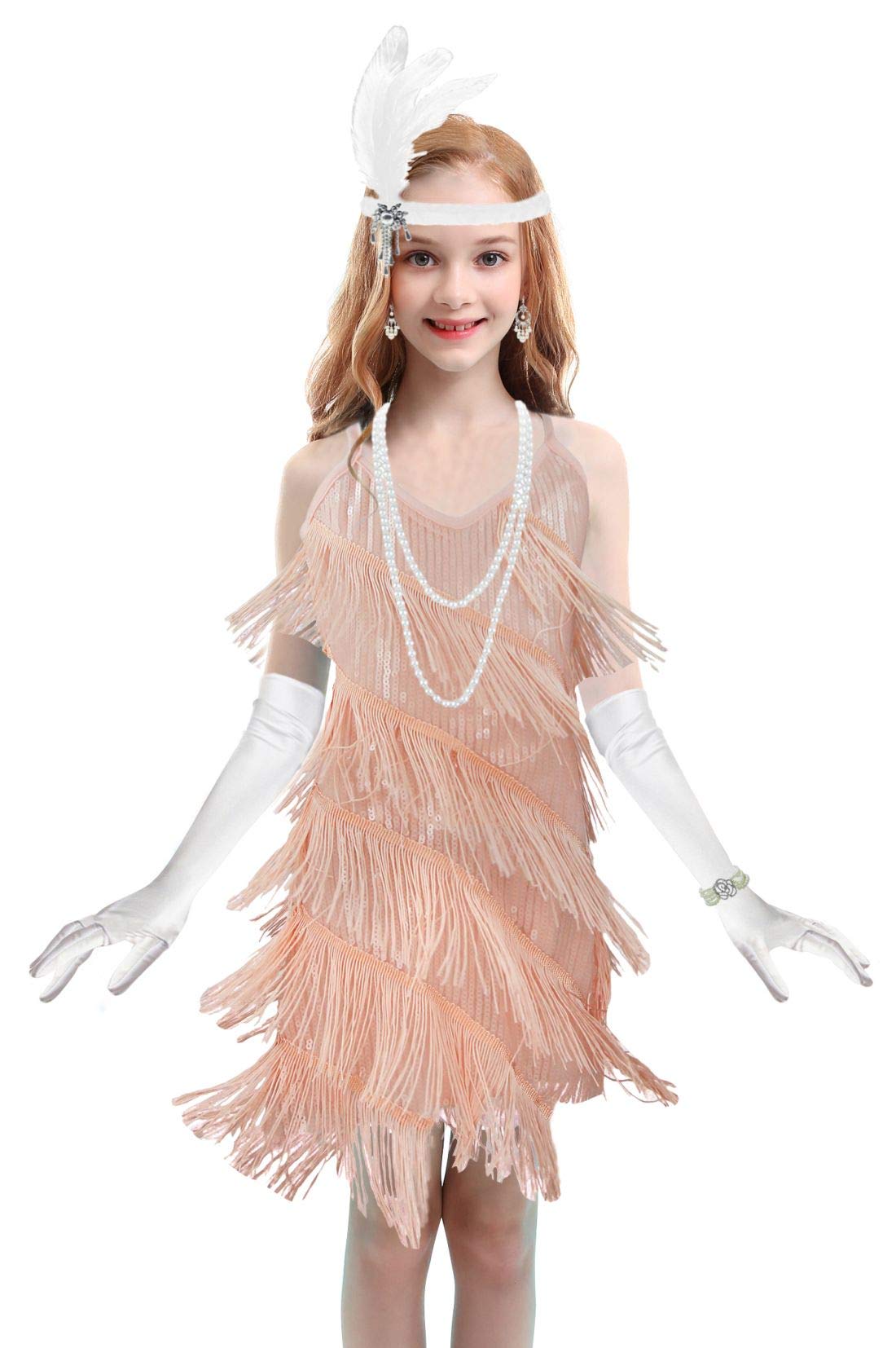 FUNDAISYGirls 1920s Flapper Dress Gatsby Sequin for Kid w/ 20s Headband Accessories Set