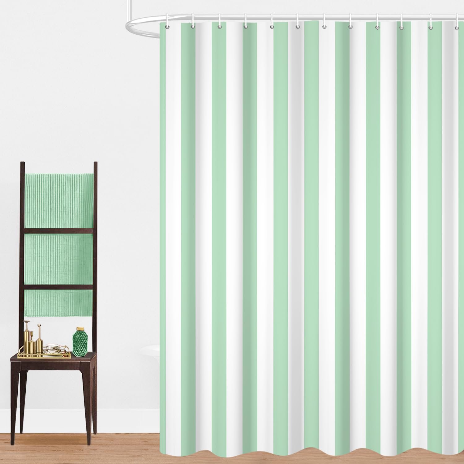 GCIREC Shower Curtain, 90x180cm, Mint Green Modern Minimalism Vertical Stripes Waterproof Fabric Machine Washable Bathroom Curtain with Hooks