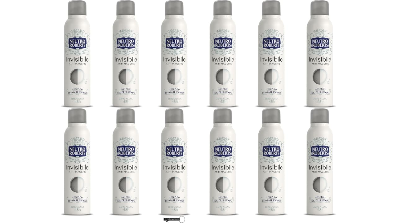 Neutro Roberts - 12 deodoranti spray invisibili, anti-macchie, zero alcool, con puro olio di glicerina, protezione 48h, 150 ml, + portachiavi Italy Shop Service in omaggio