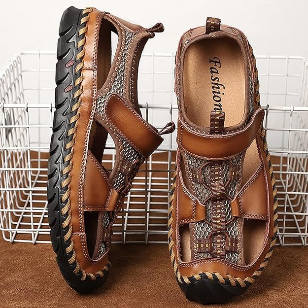 Mens Summer Breathable Sports Sandals Leather Hiking Comfortable Slippers Closed Toe Outdoor Casual Fisherman Shoes4