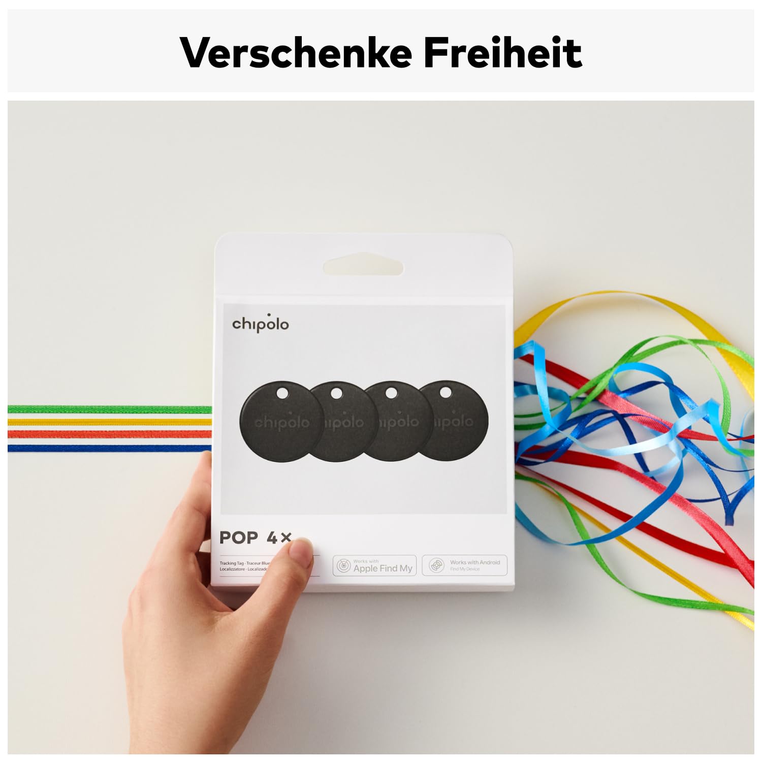 Chipolo POP Schlüsselfinder - Farbenfroher, lauter Bluetooth-Tracker | mit Ruf Dein Handy an & Außer-Reichweite-Warnungen, kompatibel mit Find Hub von Google oder Apple Find My - 4 Pack