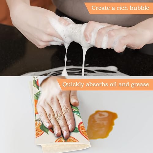 Miniatura 6 de Whaline Paño de cocina sueco naranja con patrón de frutas absorbente de algodón reutilizable, toalla de cocina, limpieza diaria, paños de cocina