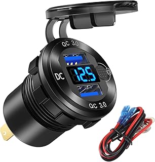 12V/24V USB Outlet Quick Charge 3.0 Dual USB Car Charger Socket with Blue Voltmeter, Waterproof Aluminum Cigarette Lighter USB Charger DIY Kit for Car Marine Motorcycle RV Boat Golf Cart, etc.