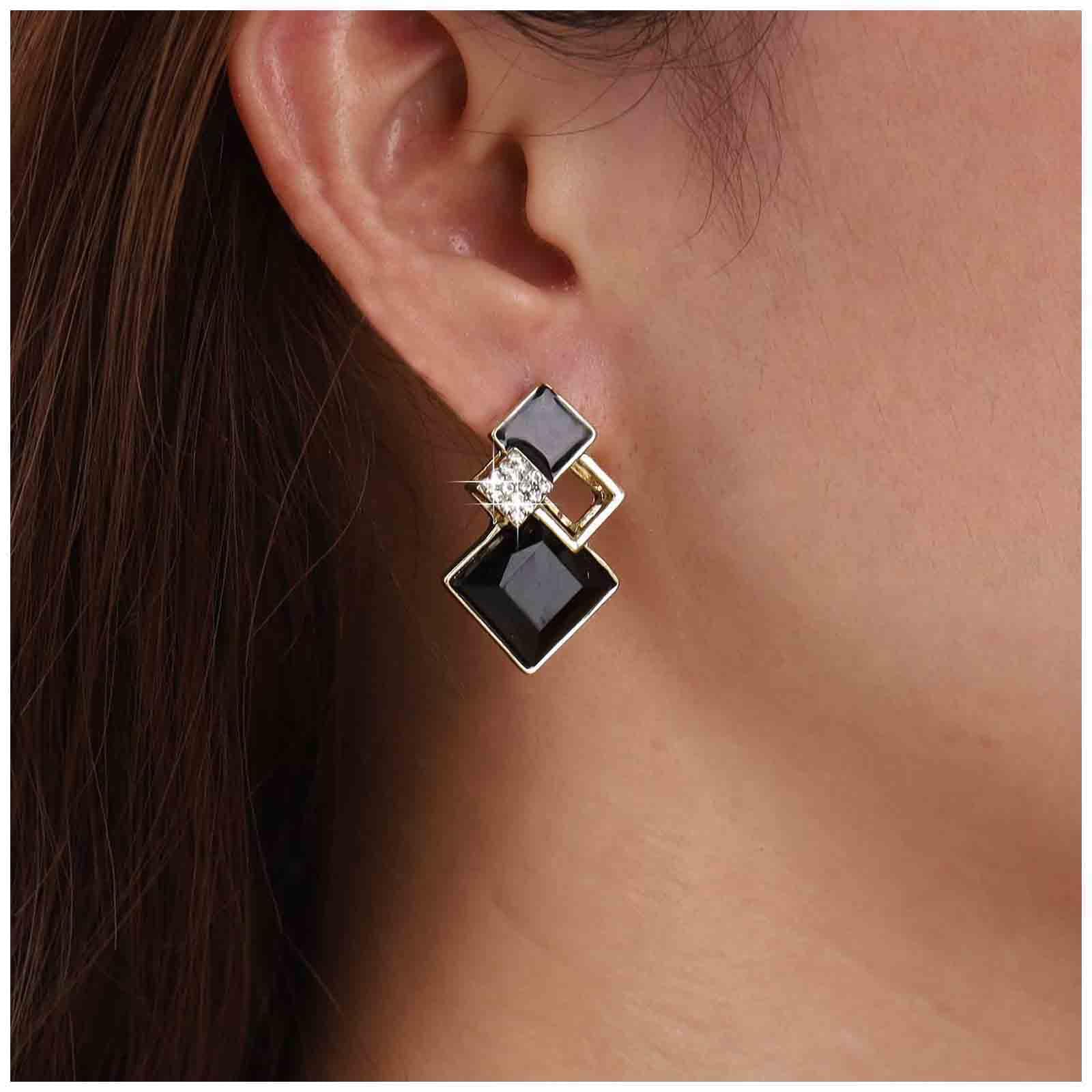 Sttiafay Vintage Crystal Square Drop Earrings Black Square Stud Earrings Gold Hollow Square Dangle Earrings Black Onyx Square Earrings Jewelry for Women