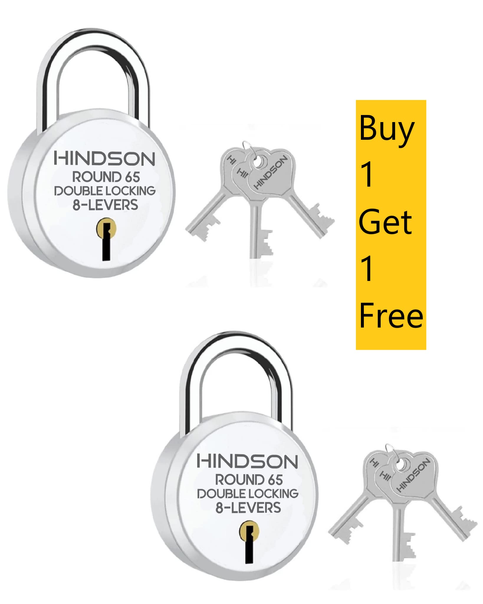 HINDSON Lock Round 65mm with 3 Key,Steel Double Locking, 8 Lever Padlock for Door, Gate, Shutter (Silver Finish, Pack of 2)